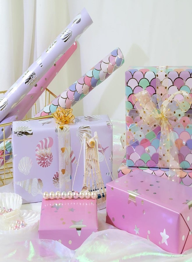MAMUNU Birthday Wrapping Paper Rolls, Pink Purple Mermaid Gift Wrapping Paper Girls Women, Metallic Foil Shiny Wrapping Paper Rolls for Birthday Baby Bridal Shower Wedding, 3 Mini Rolls-17x118 Inch Per Roll. - Image 3